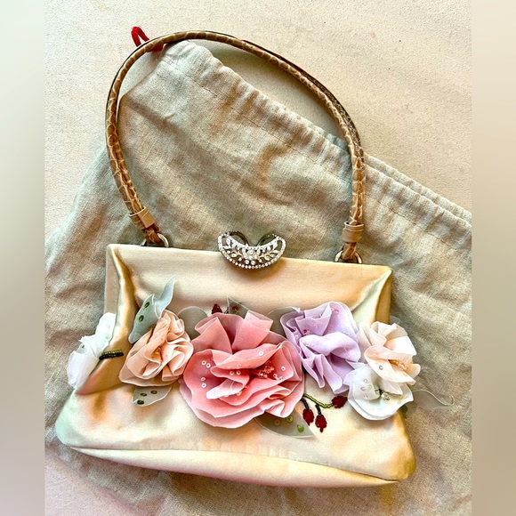 Used once! Valentino champagne satin purse w/ floral appliqué/ snakeskin handles - Picture 4 of 11